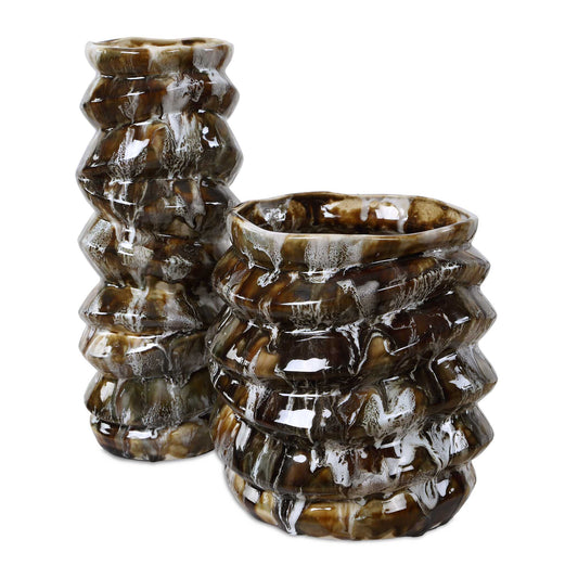 Uttermost Cuoco Glazed Brown Vases, S/2 - Brown,White