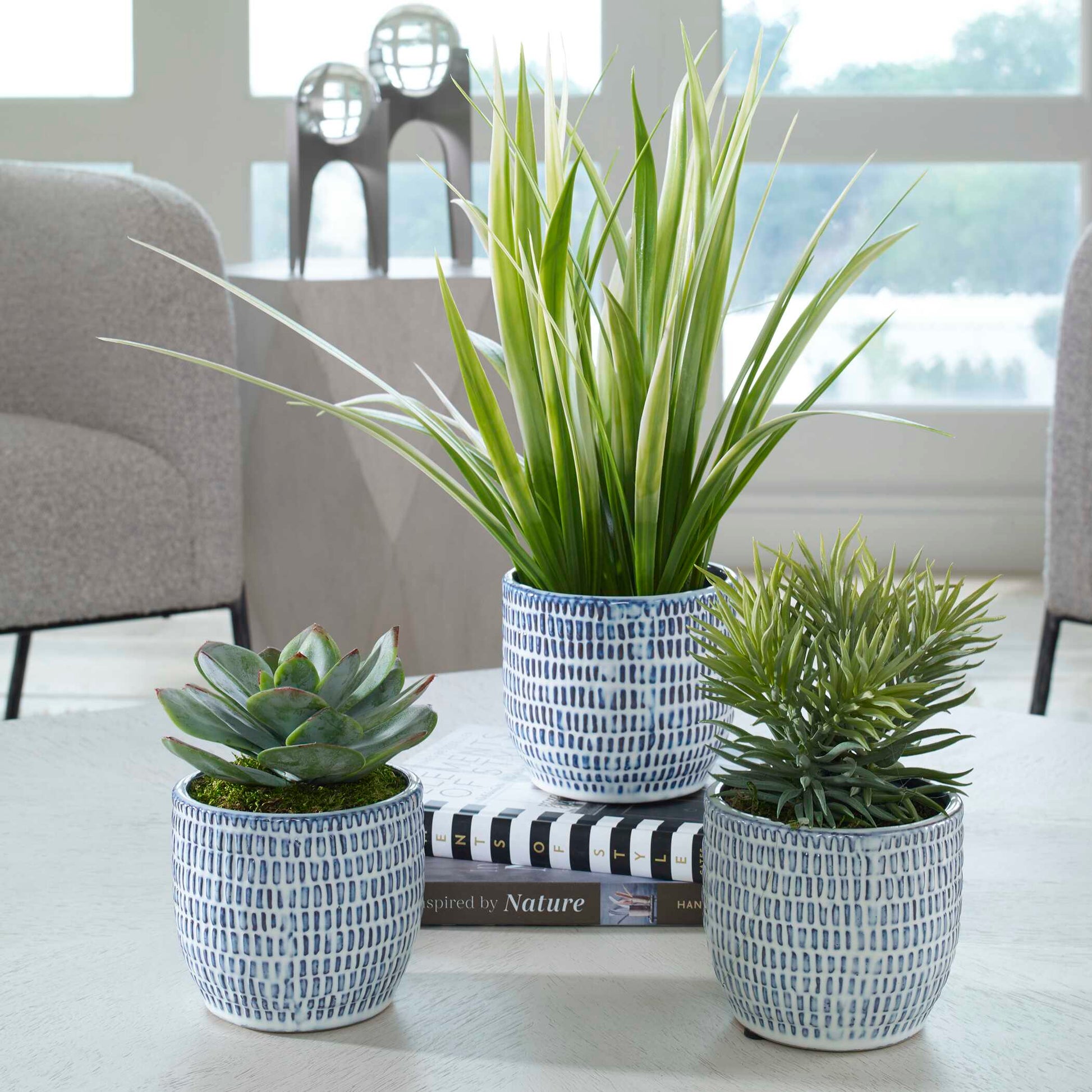 Uttermost Puebla Greenery In Blue & White Pots Set/3