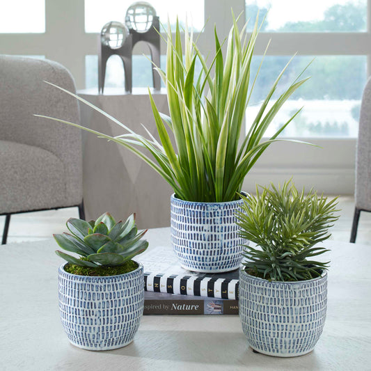 Uttermost Puebla Greenery In Blue & White Pots Set/3