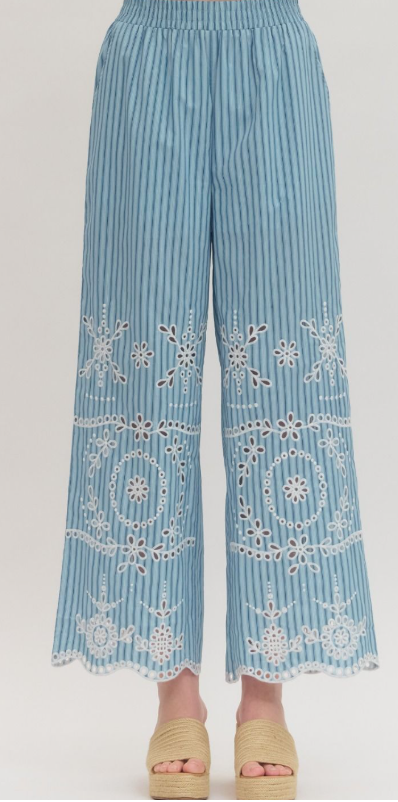 Embroidered Eyelet Wide-Leg Pants