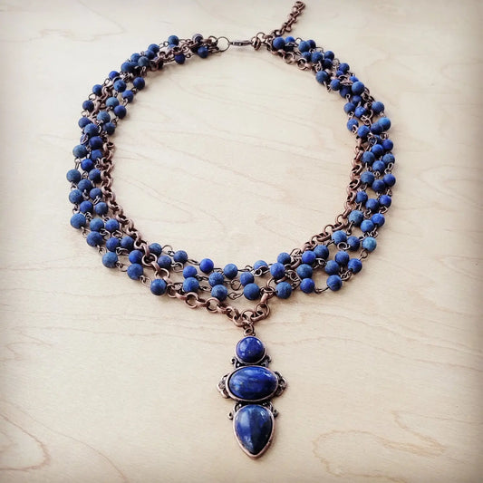 Blue Lapis Beaded Collar Necklace w/ Lapis Pendant