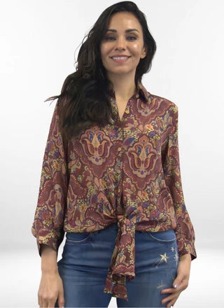 Caite & Kyla Jojo Printed Rayon Tie-Front Top