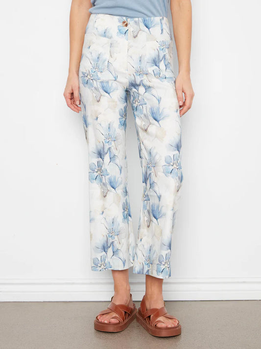 Charlie B Blue Floral Linen Cropped Wide Leg Pant