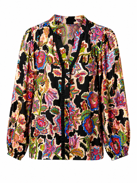 Mixed Floral Print Button Down Blouse