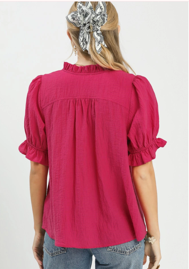 Textured Button-Front Puff Sleeve Top