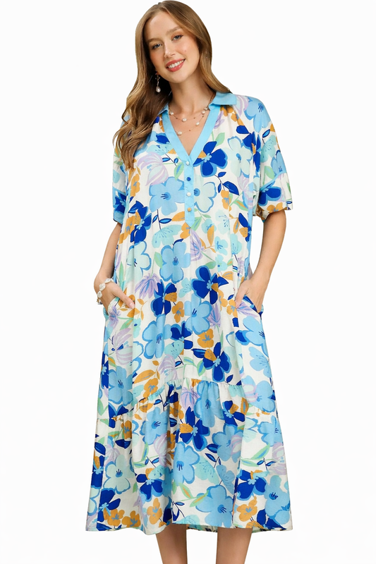 umGee Blue Floral Tiered Midi Dress