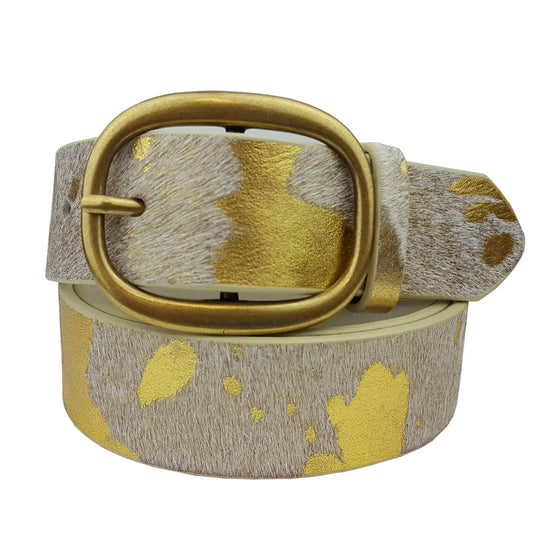 Genuine Cow Hair Leather Belt - Gold