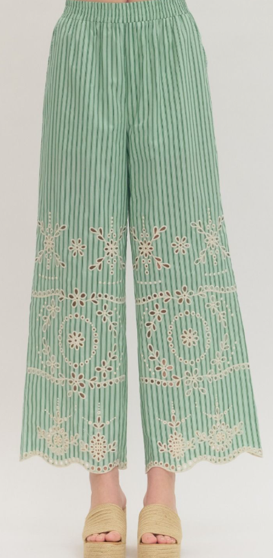 Embroidered Eyelet Wide-Leg Pants