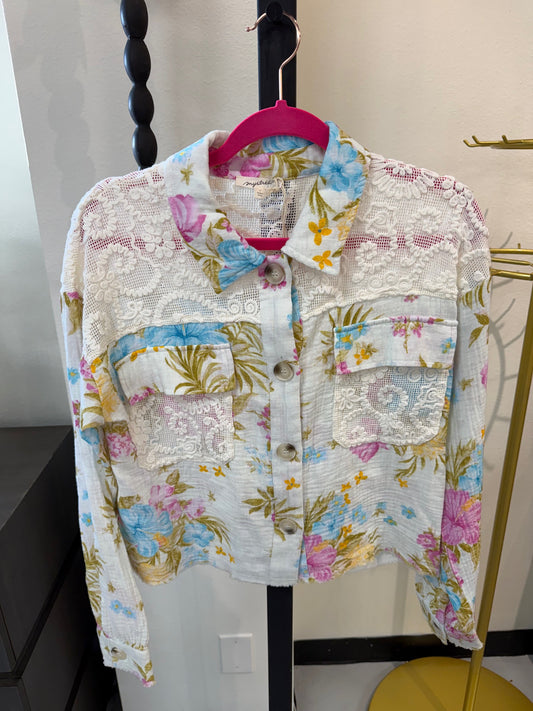 Mixed Media Floral Lace Cotton Jacket