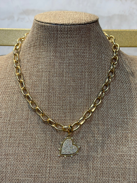 Gold Link Chain Necklace with Crystal Heart Charm