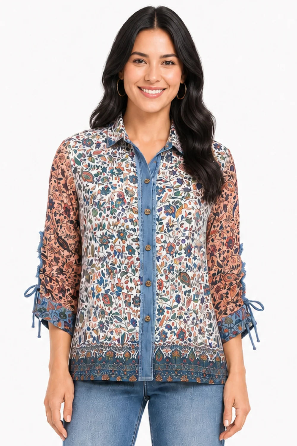 Floral Multi Mixed Print Cinch Blouse - Missy