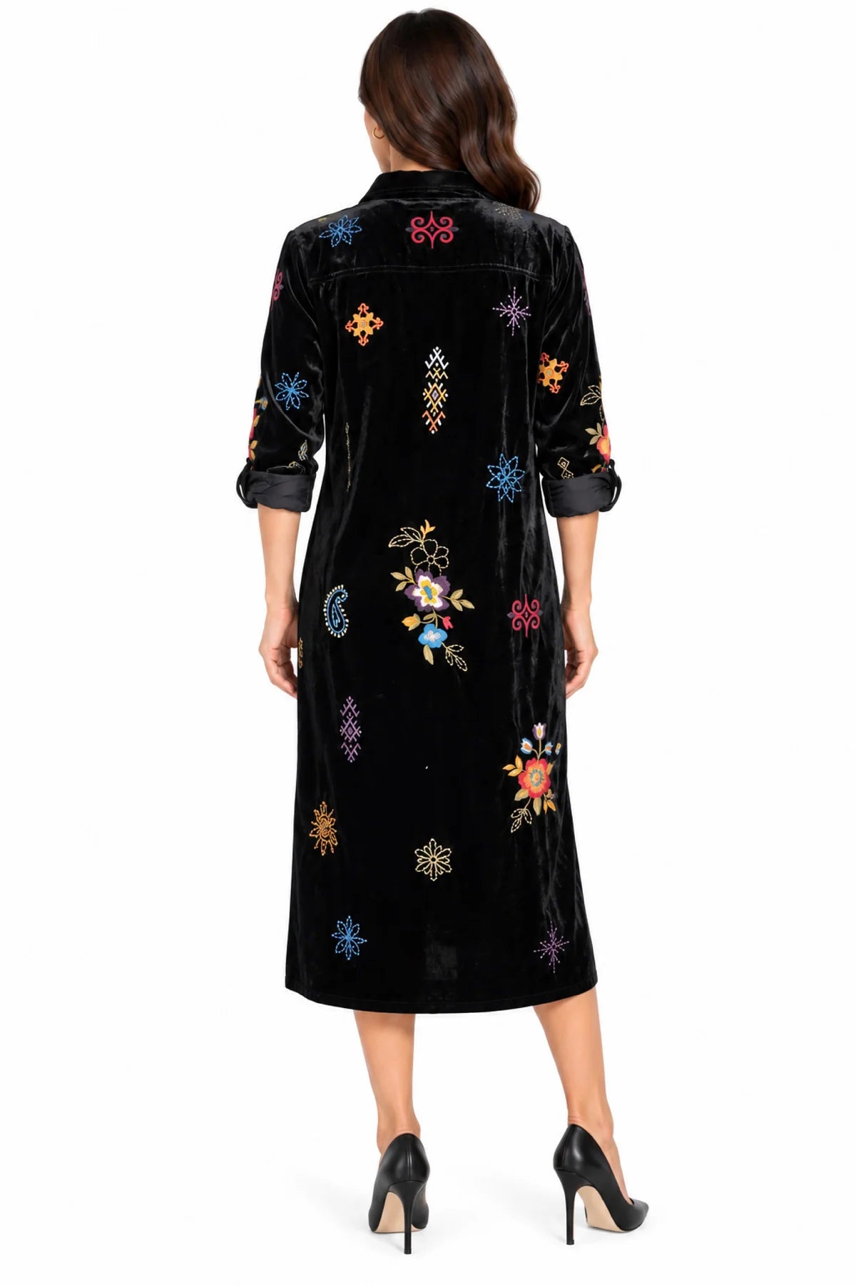John Mark Embroidered Velvet Shirt Dress