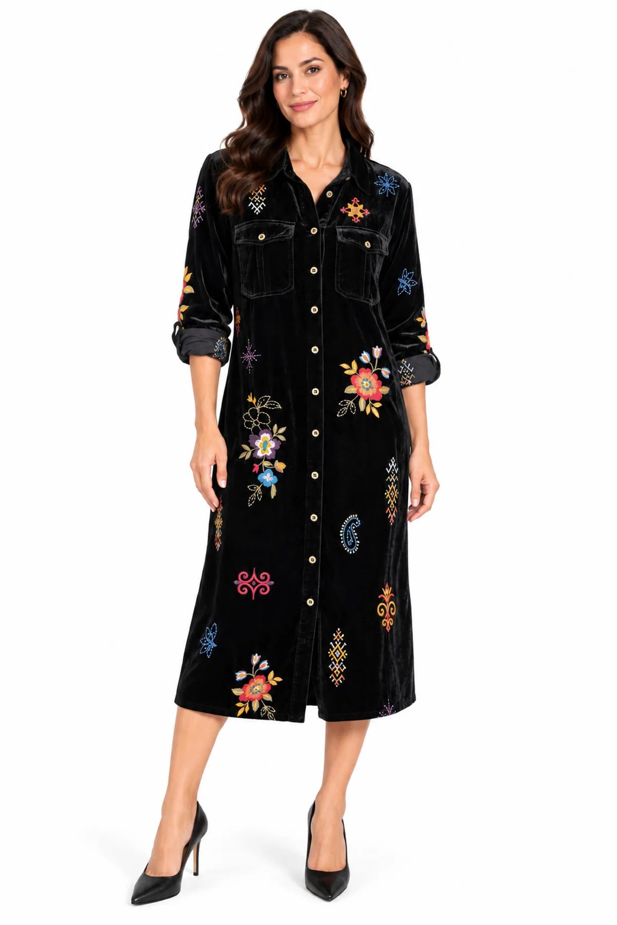 John Mark Embroidered Velvet Shirt Dress