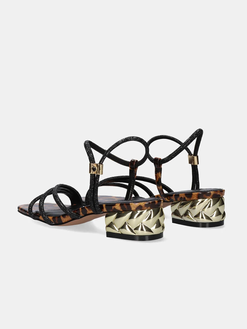 EXE Black Leopard Gold Heel Party Shoes