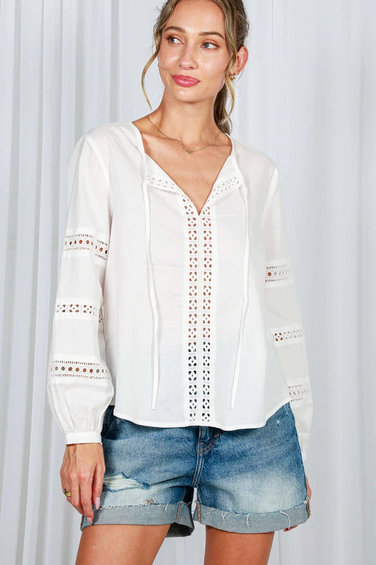 Lattice Detail Cotton Blouse – White