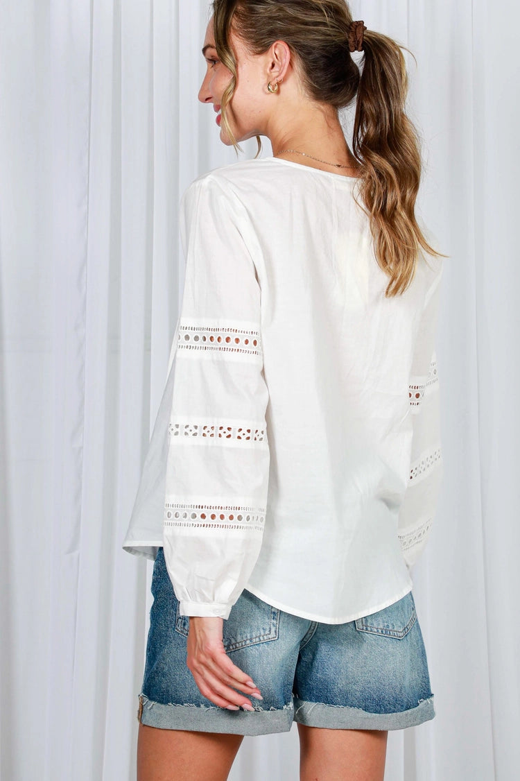 Lattice Detail Cotton Blouse – White