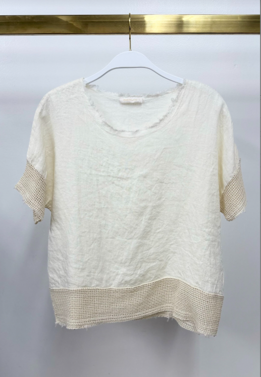 Mesh Sleeve Hem Crew Neck Linen Top