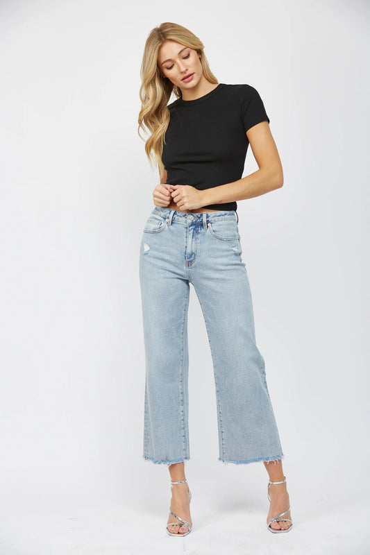 Mica Distressed High Rise Cropped Wide Leg Jean