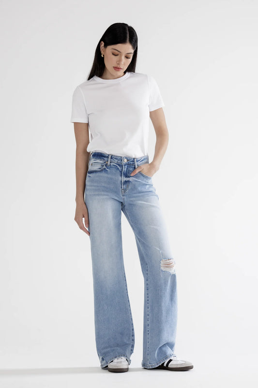 Mica High Rise Wide Leg Jeans with Knee Distress