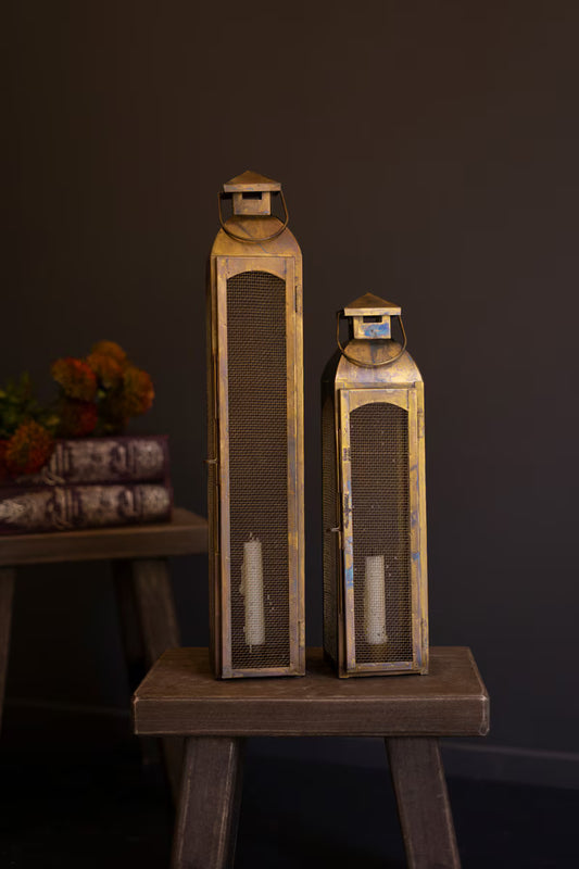 Antique Brass Taper Candle Lanterns Set of 2