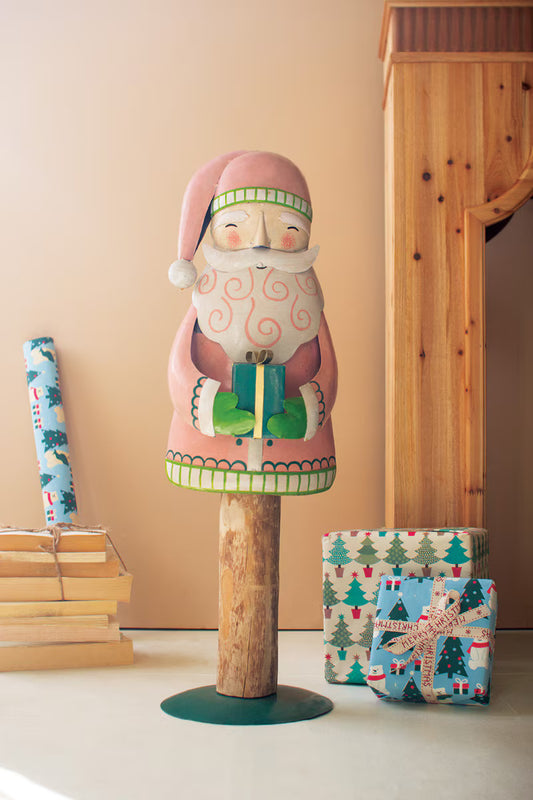 Painted Metal Santa on Wooden Base