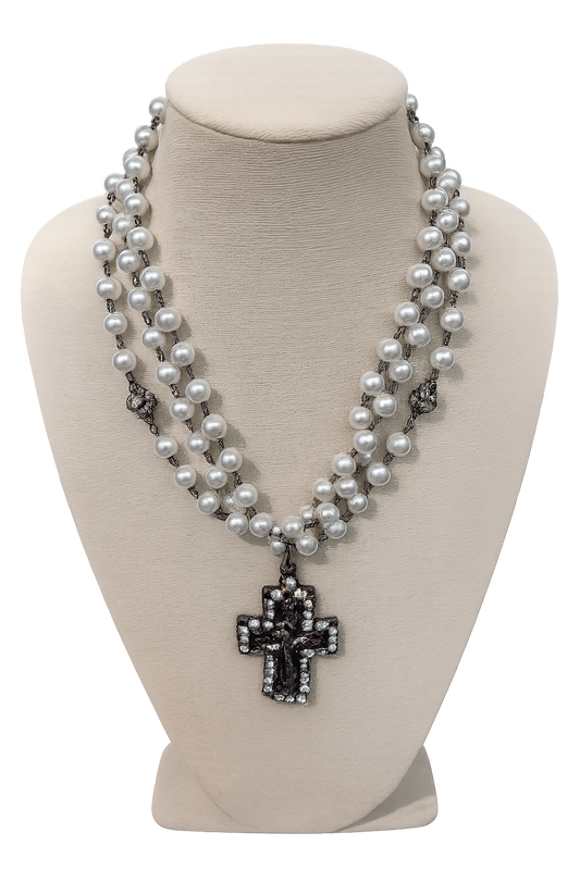 Vintage Pearl Cross Statement Necklace
