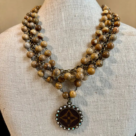 Natural Jasper Rhinestone Pendant Necklace