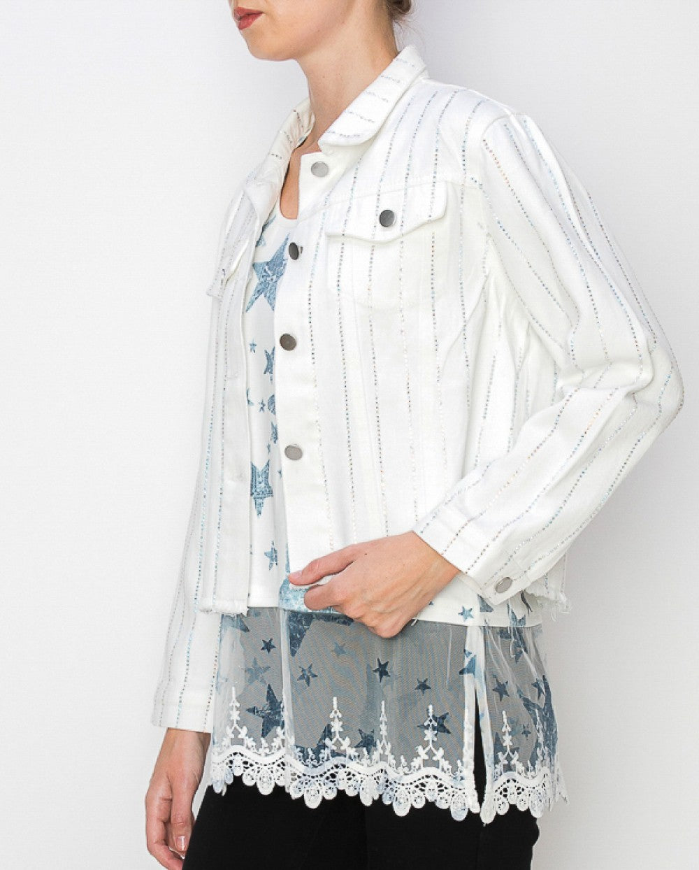 Sparkle Detail Denim Jacket – Ivory