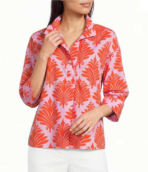 Pink and Orange Floral Blouse with Pearl Buttons