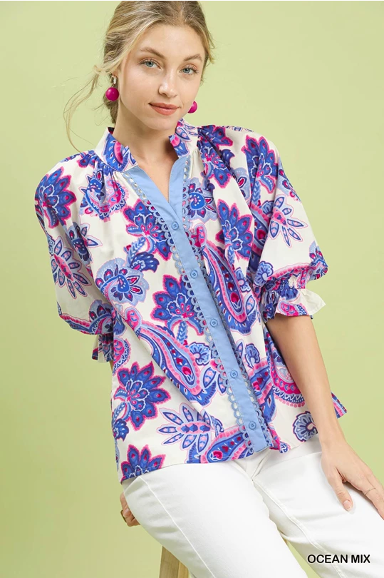 Paisley Print Button Front Top – Ocean Mix