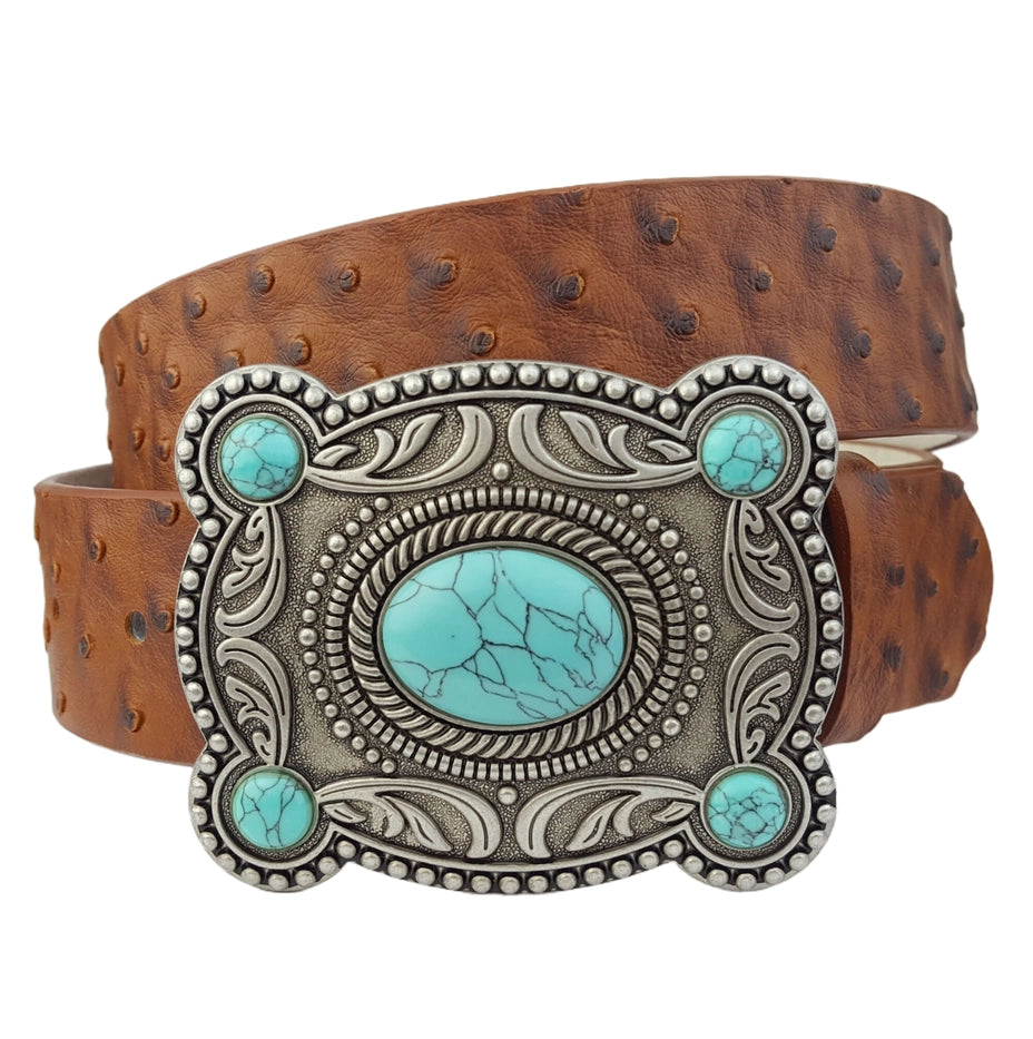 Western Silver Turquoise Ostrich Belt - ML
