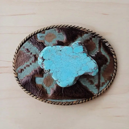 Rope Edge Navajo Leather Belt Buckle Blue Turquoise