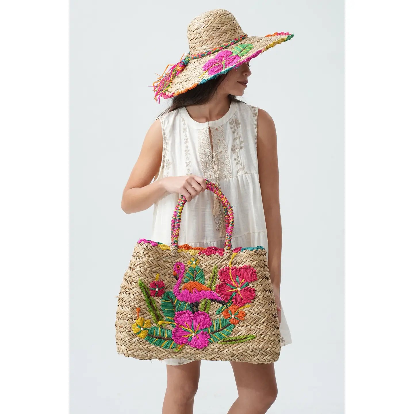 Embroidered Straw Tote Bag with Flamingo and Flowers