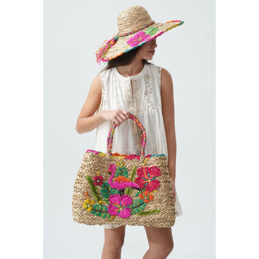 Embroidered Straw Tote Bag with Flamingo and Flowers
