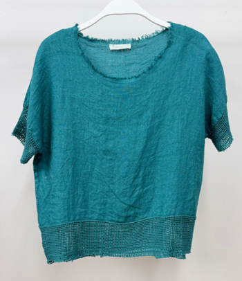 Mesh Sleeve Hem Crew Neck Linen Top