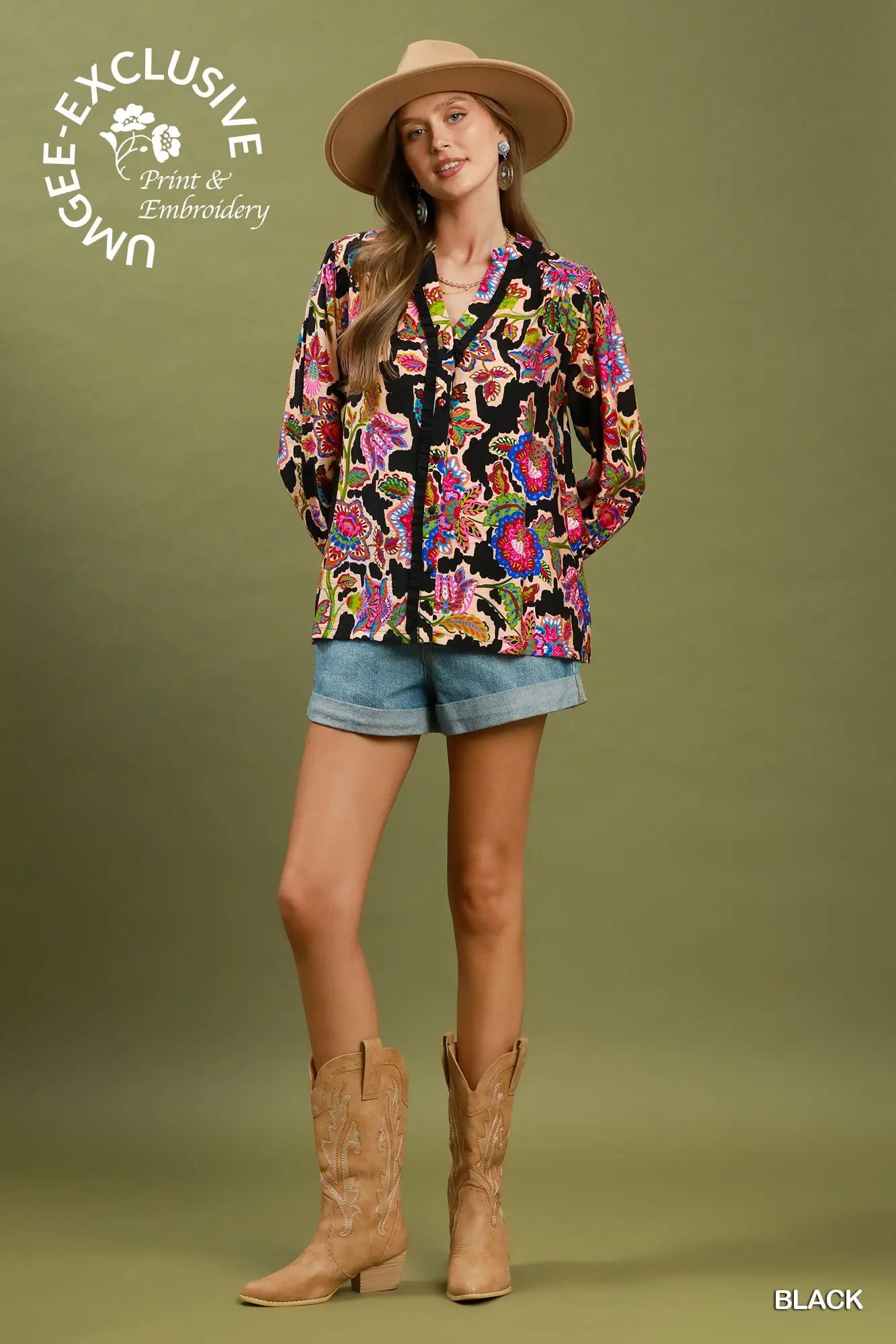 Mixed Floral Print Button Down Blouse