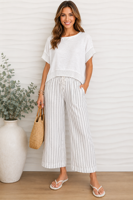 Textured Stripe Drawstring Waitstband Wide Leg Linen Pants