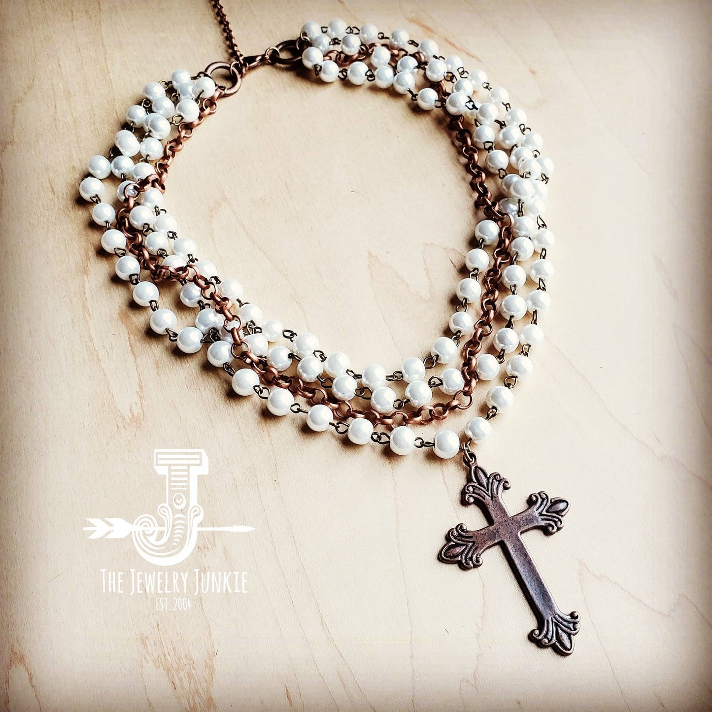 Pearl and Copper Necklace with Copper Cross