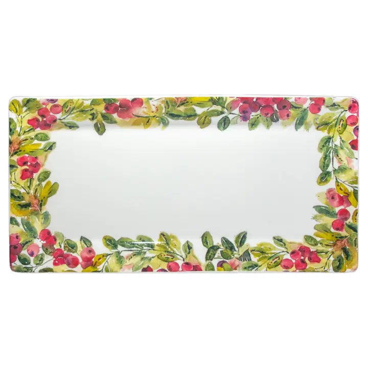 14" Cranberry Wreath Rectangle Ceramic Platter Christmas