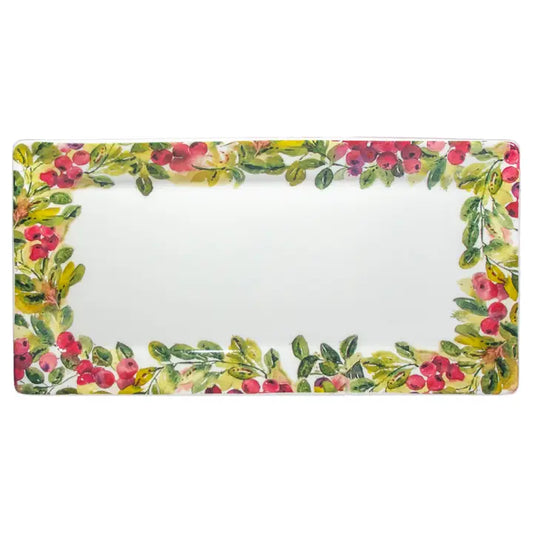 14" Cranberry Wreath Rectangle Ceramic Platter Christmas