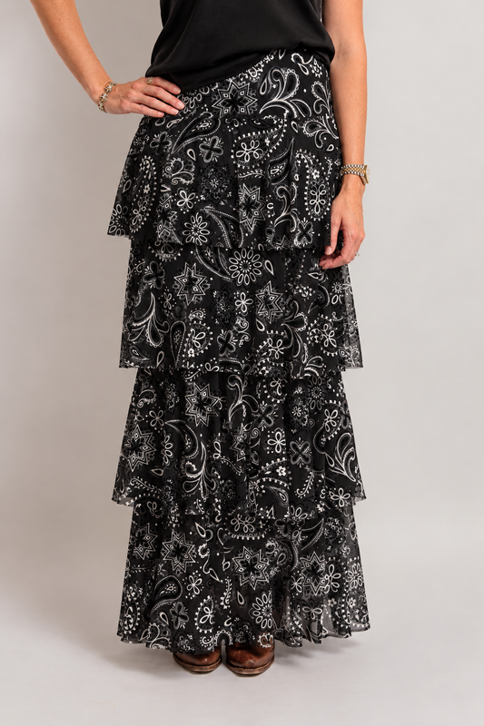 W.A.Y. Mesh Tiered Maxi Skirt - Black Bandana