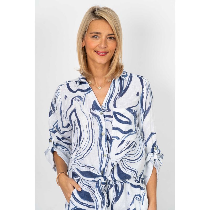 Abstract Print Tie-Front Linen Shirt – Made in Italy