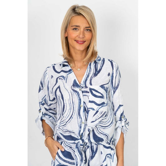 Abstract Print Tie-Front Linen Shirt