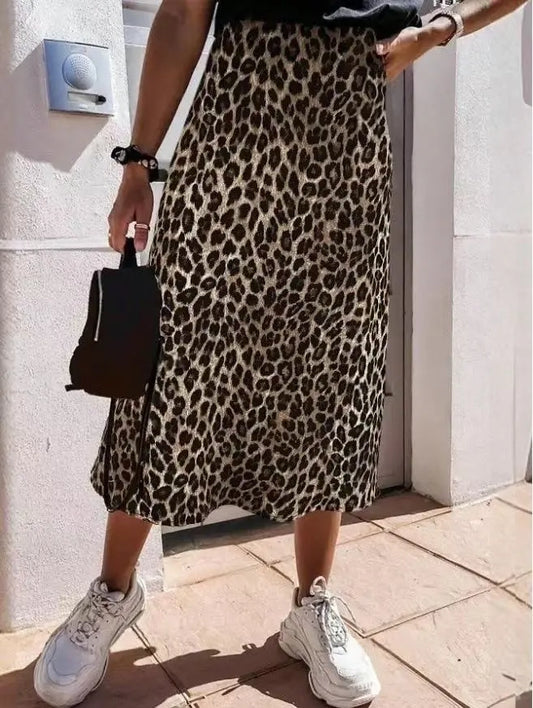 Leopard Satin Midi Skirt - Medium