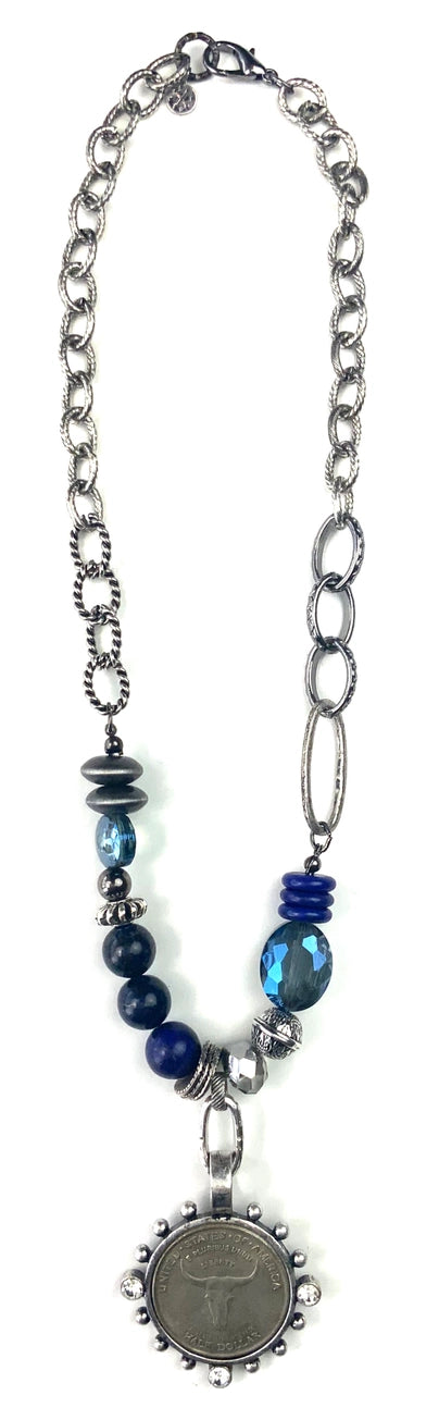 Metal Link Necklace with Blue Beads