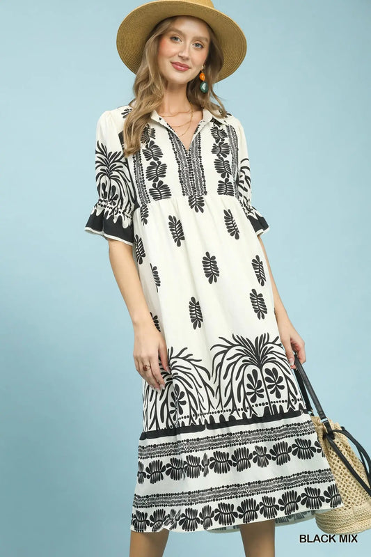 Black & White Border Print Midi Dress