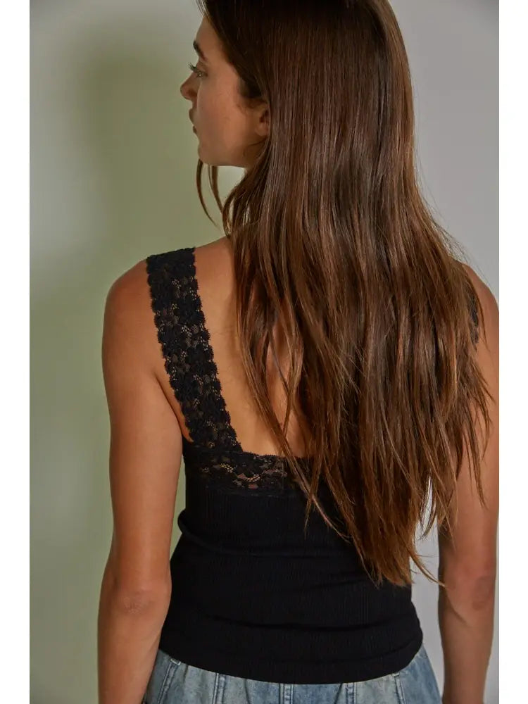 Seamless Ribbed Cami Lace Trim Black M/L