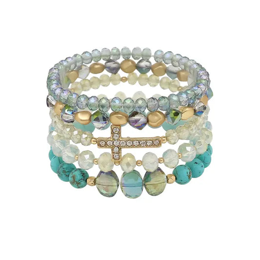 Aqua Crystal Turquoise Cross Stretch Bracelet Set