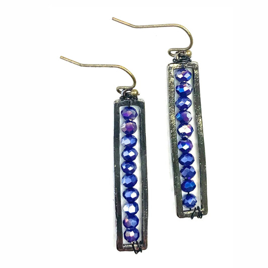 Beaded Rectangular Navy Earrings