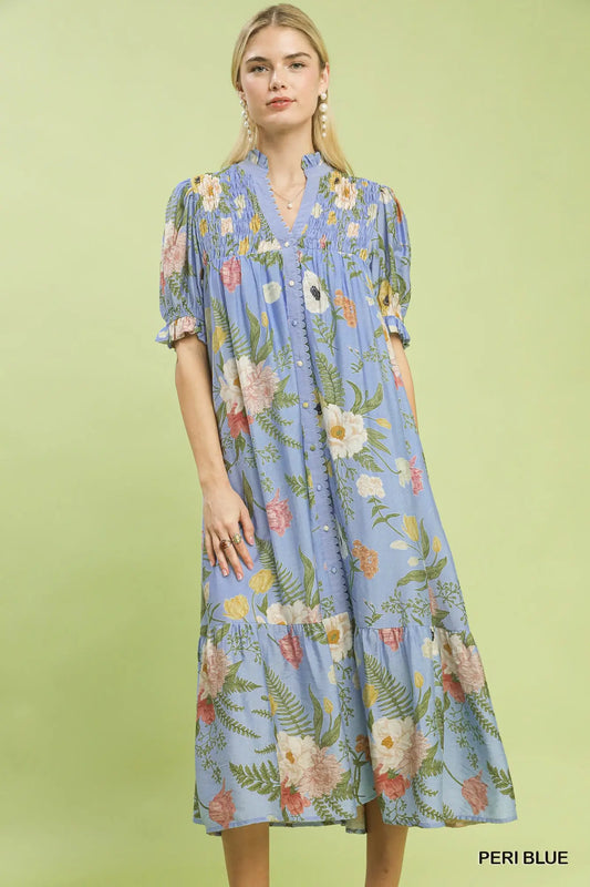 Blue Floral Smocked Midi Dress